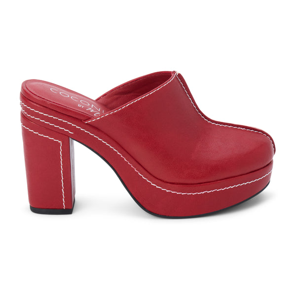 Krista Vegan Platform Mule – Coconuts by Matisse – Dark red faux leather platform mule with block heel and contrast stitching.
