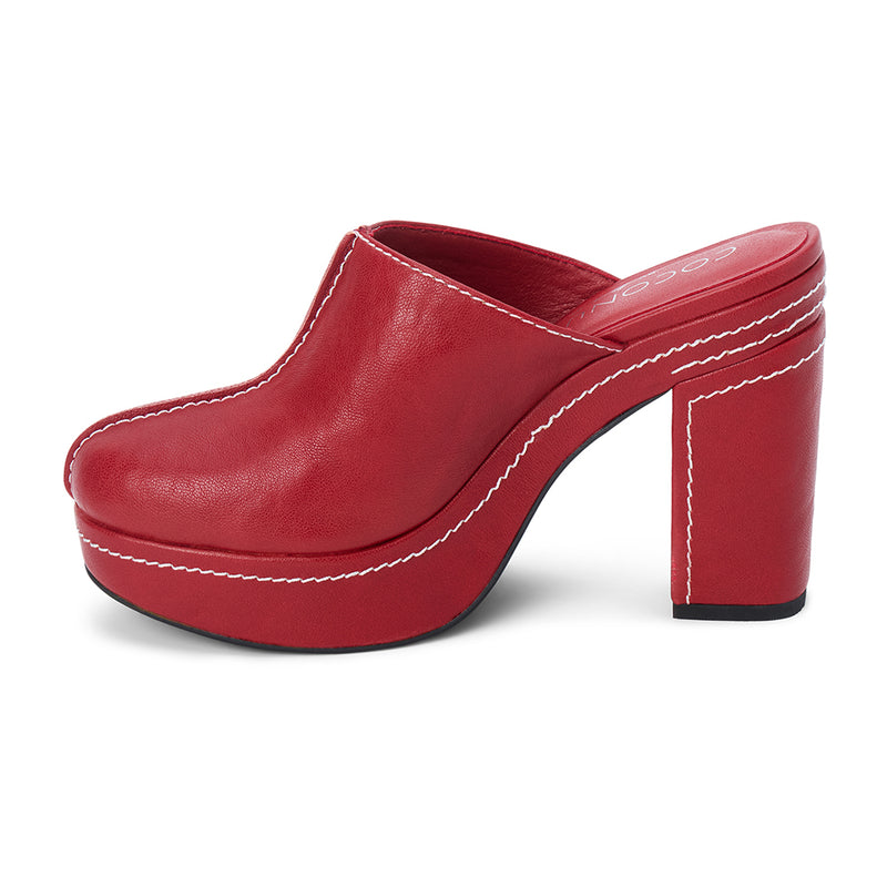 Krista Vegan Platform Mule – Coconuts by Matisse – Dark red faux leather platform mule with block heel and contrast stitching.