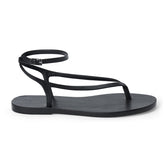 Black leather thong sandal with a minimalist strappy design and adjustable ankle buckle.