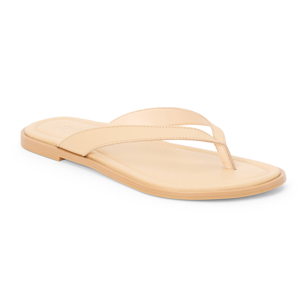Beige leather flip flop sandal with cushioned footbed and flat sole, shown on a white background.