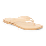 Beige leather flip flop sandal with cushioned footbed and flat sole, shown on a white background.
