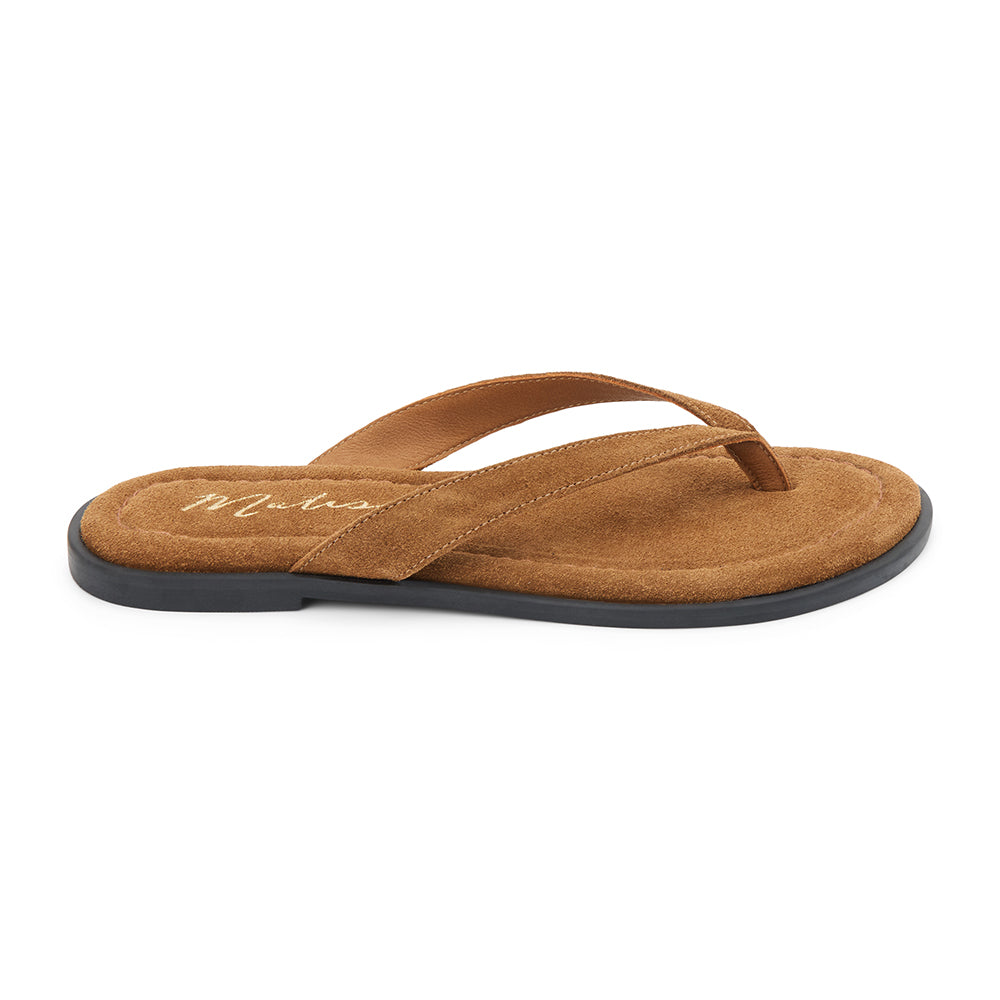 Leo Flip Flop Sandal – Matisse Footwear – Tan suede flip flop sandals with cushioned footbed, wide thong strap, and sleek black sole. A laid-back yet refined essential for casual summer comfort.