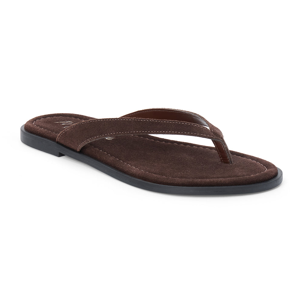 Brown suede flip flop sandal with cushioned footbed and flat sole, shown on a white background.