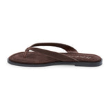 Brown suede flip flop sandal with cushioned footbed and flat sole, shown on a white background.