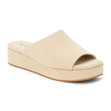 Light beige suede slide sandal with a wide single strap, open toe, platform sole, and slip-on design, shown in side profile on a white background.