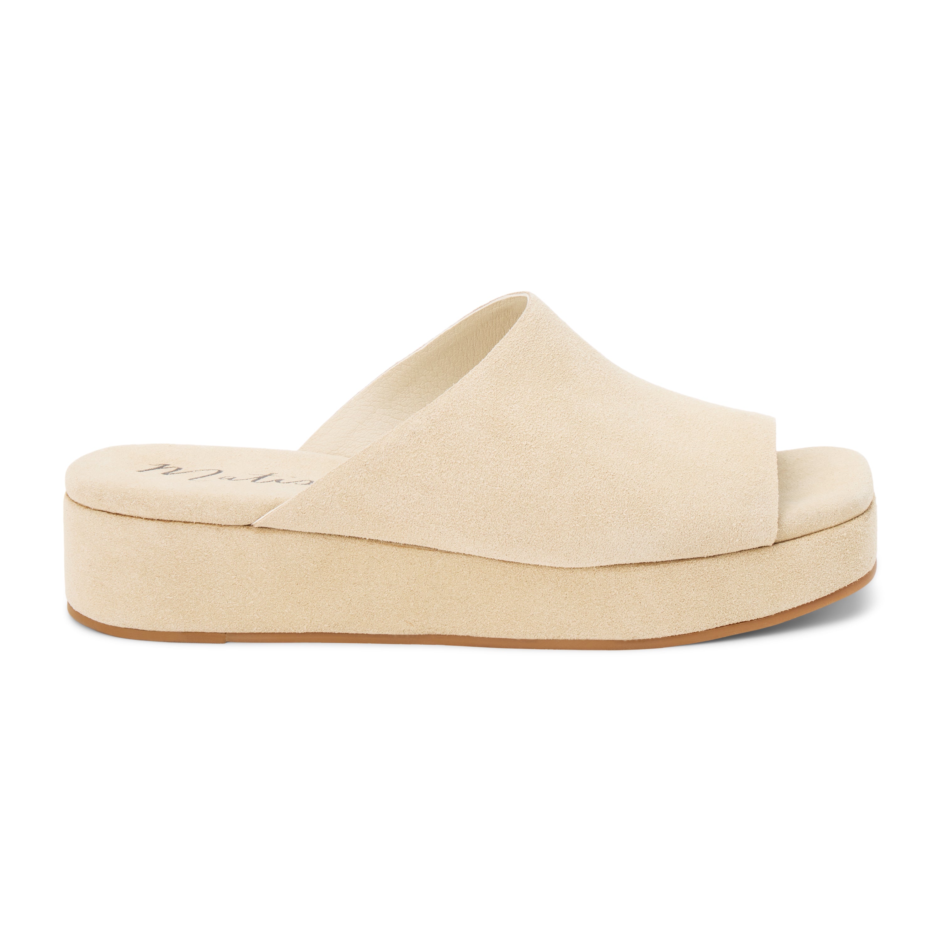Light beige suede slide sandal with a wide single strap, open toe, platform sole, and slip-on design, shown in side profile on a white background.