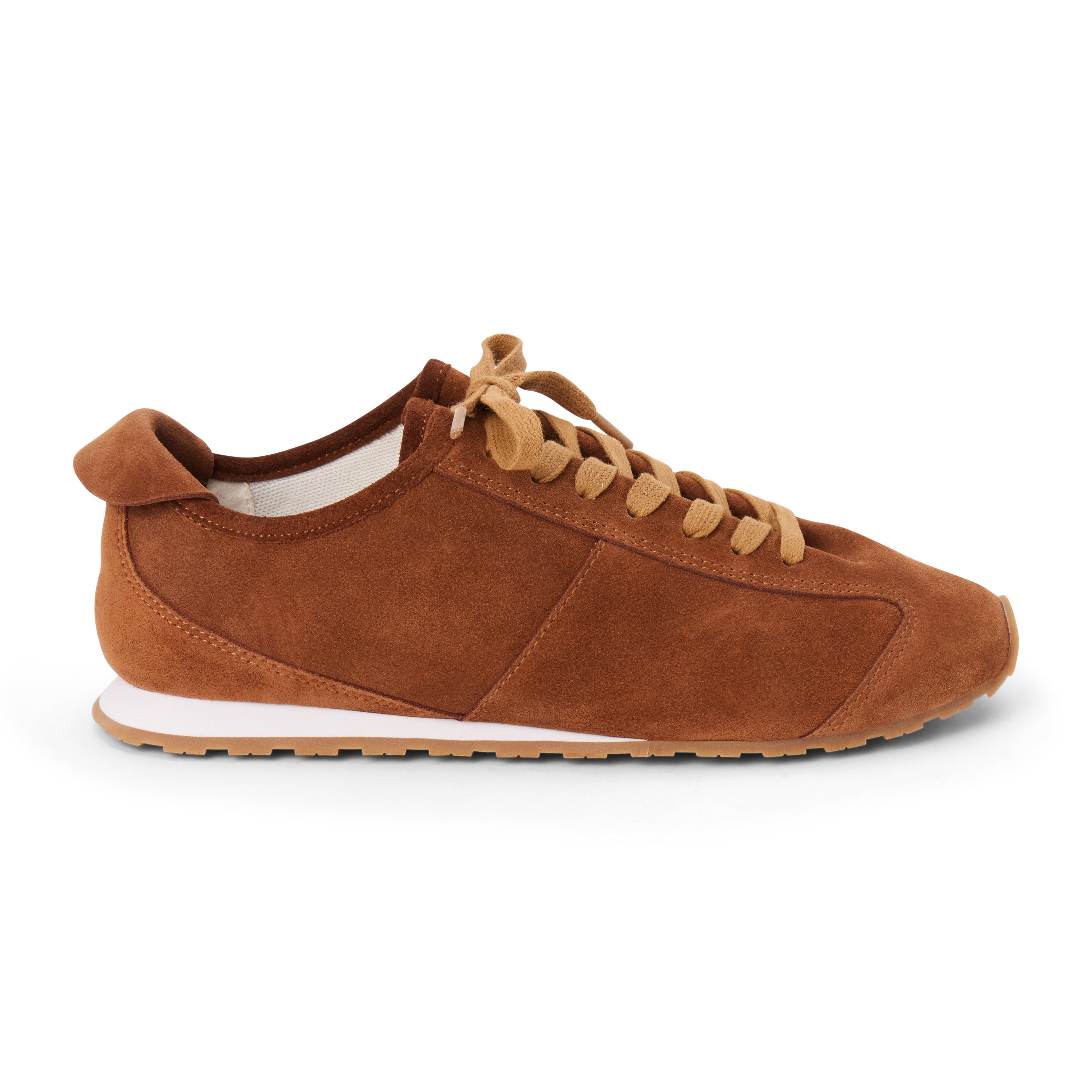 Brown suede trainer with tan laces, tonal paneling, a low-profile silhouette, white midsole, and gum outsole shown on a white background.