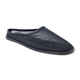 Black mesh slip-on mule with closed toe, open back, low-profile sole, shown in side profile on a white background.