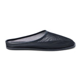 Black mesh slip-on mule with closed toe, open back, low-profile sole, shown in side profile on a white background.