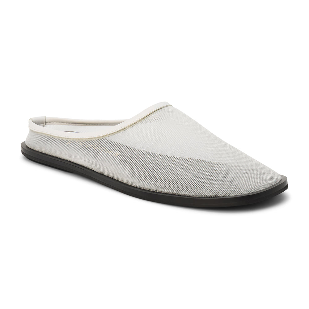 White mesh slip-on mule with closed toe, open back, low-profile sole, shown in side profile on a white background.