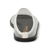 White mesh slip-on mule with closed toe, open back, low-profile sole, shown in back profile on a white background.