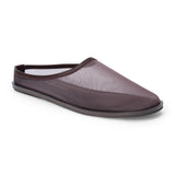 Dark brown mesh slip-on mule with closed toe, open back, low-profile sole, shown in side profile on a white background.