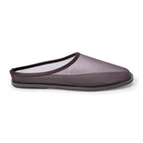 Dark brown mesh slip-on mule with closed toe, open back, low-profile sole, shown in side profile on a white background.