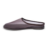 Dark brown mesh slip-on mule with closed toe, open back, low-profile sole, shown in side profile on a white background.