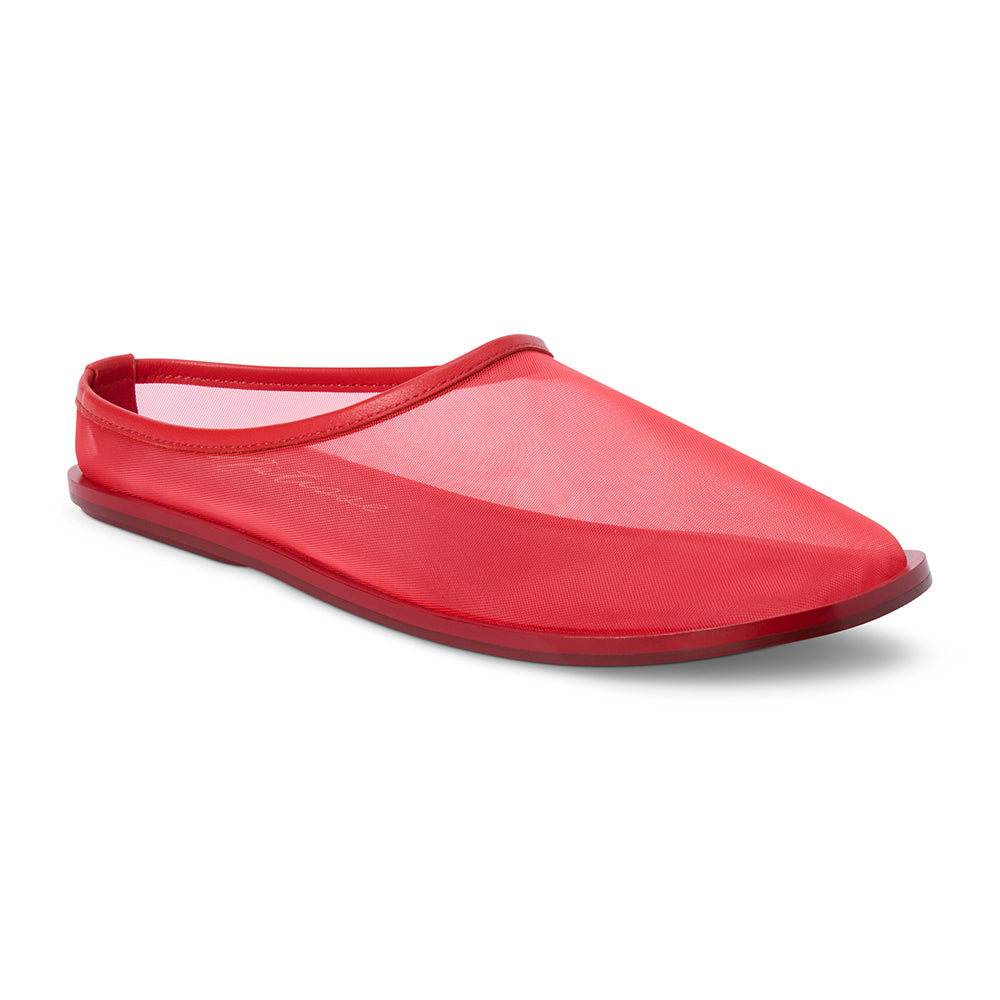 Red mesh slip-on mule with closed toe, open back, low-profile sole, shown in side profile on a white background.