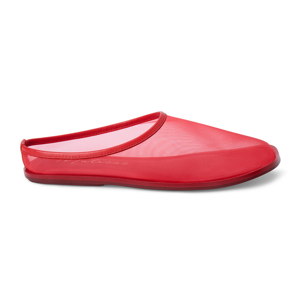 Red mesh slip-on mule with closed toe, open back, low-profile sole, shown in side profile on a white background.