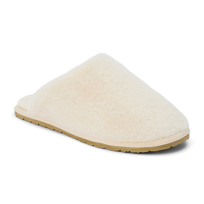 Lounge Vegan Slipper – Beach by Matisse – White faux fur closed-toe slipper with flat sole and cozy silhouette.