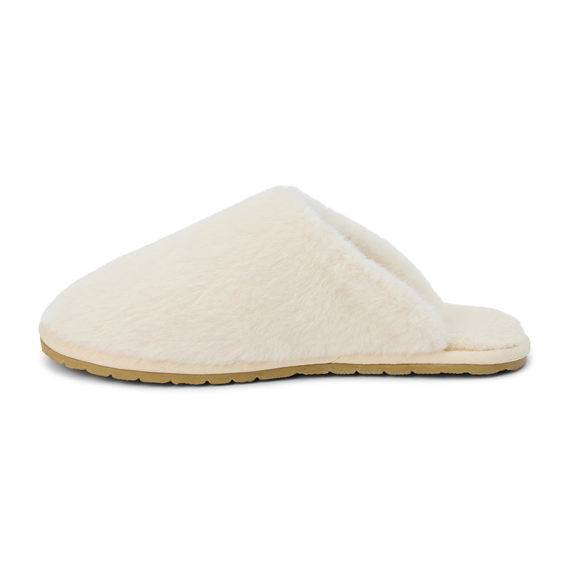 Lounge Vegan Slipper – Beach by Matisse – White faux fur closed-toe slipper with flat sole and cozy silhouette.