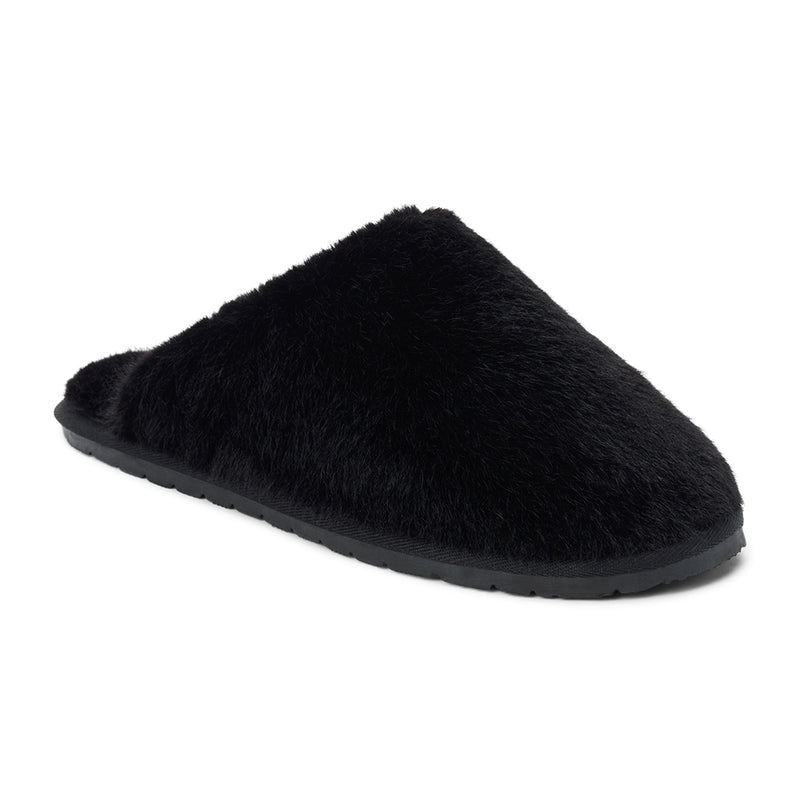 Lounge Vegan Slipper – Beach by Matisse – Black faux fur closed-toe slipper with flat sole and cozy silhouette.