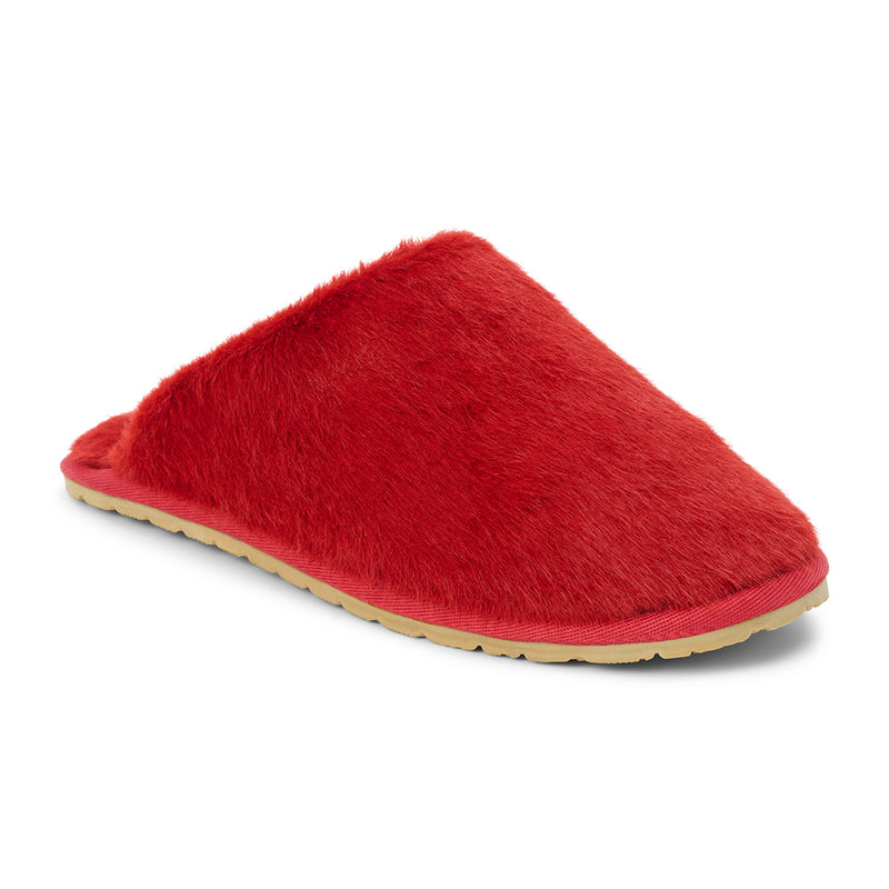 Lounge Vegan Slipper – Beach by Matisse – Red faux fur closed-toe slipper with flat sole and cozy silhouette.