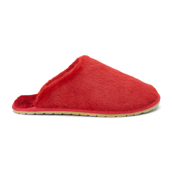 Lounge Vegan Slipper – Beach by Matisse – Red faux fur closed-toe slipper with flat sole and cozy silhouette.