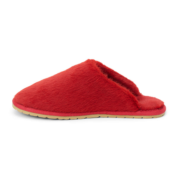 Lounge Vegan Slipper – Beach by Matisse – Red faux fur closed-toe slipper with flat sole and cozy silhouette.