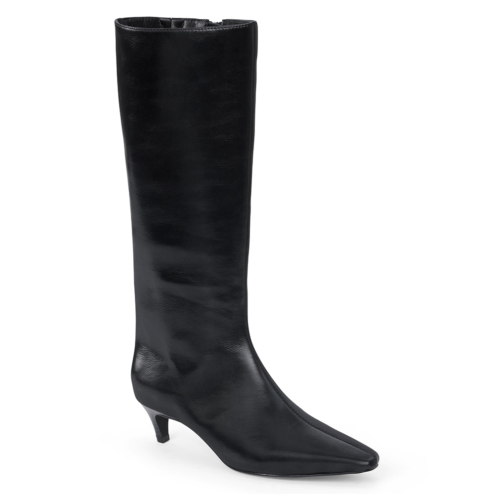 Vegan black faux leather knee-high boot with a tall shaft, pointed toe, and slim black kitten heel shown on a white background.