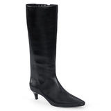 Vegan black faux leather knee-high boot with a tall shaft, pointed toe, and slim black kitten heel shown on a white background.