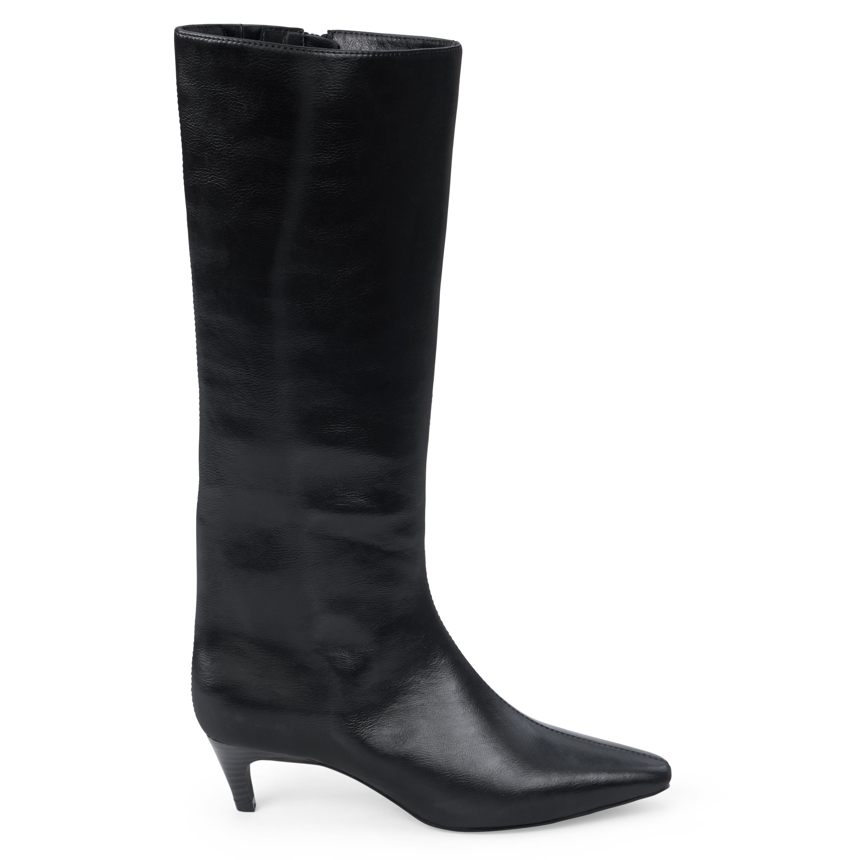 Vegan black faux leather knee-high boot with a tall shaft, pointed toe, and slim black kitten heel shown on a white background.