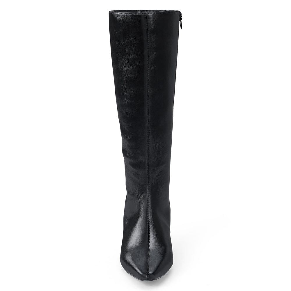 Vegan black faux leather knee-high boot with a tall shaft, pointed toe, and slim black kitten heel shown on a white background.