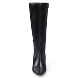 Vegan black faux leather knee-high boot with a tall shaft, pointed toe, and slim black kitten heel shown on a white background.