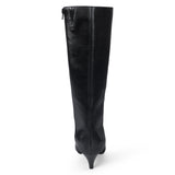 Vegan black faux leather knee-high boot with a tall shaft, pointed toe, and slim black kitten heel shown on a white background.