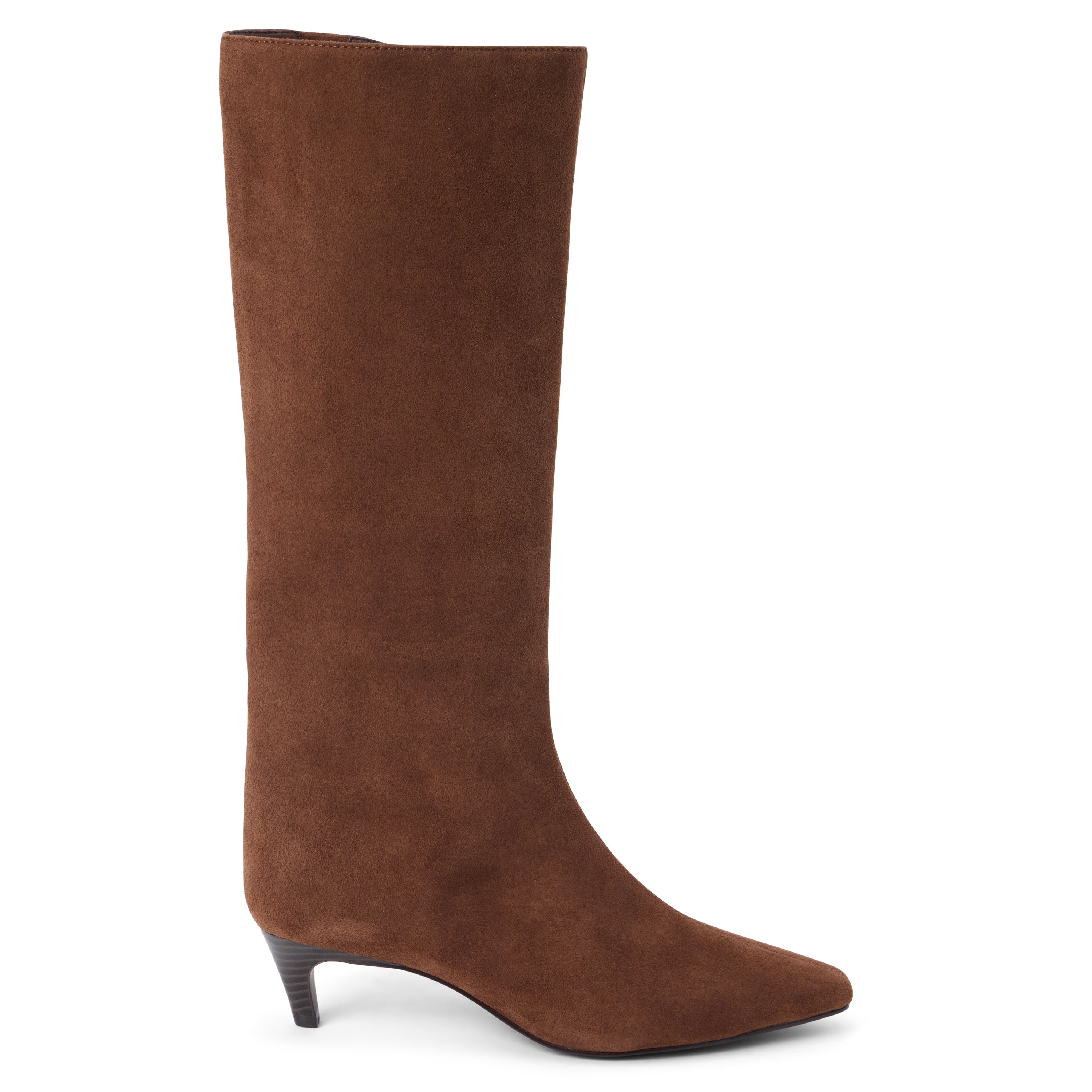 Vegan brown faux suede knee-high boot with a tall shaft, pointed toe, and slim brown kitten heel shown on a white background.