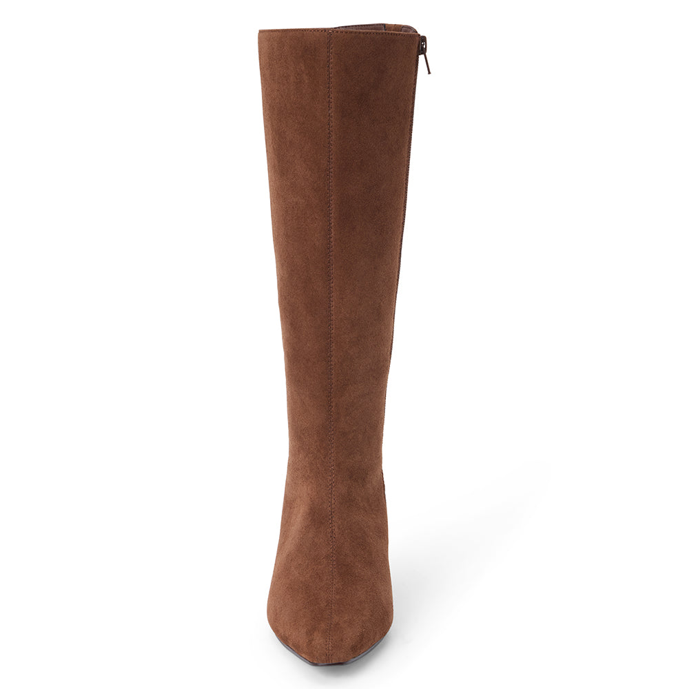 Vegan brown faux suede knee-high boot with a tall shaft, pointed toe, and slim brown kitten heel shown on a white background.