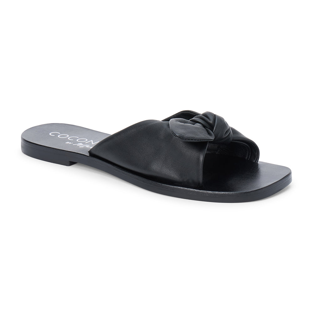 Black leather slide sandal with knotted strap and open toe shown on a white background.