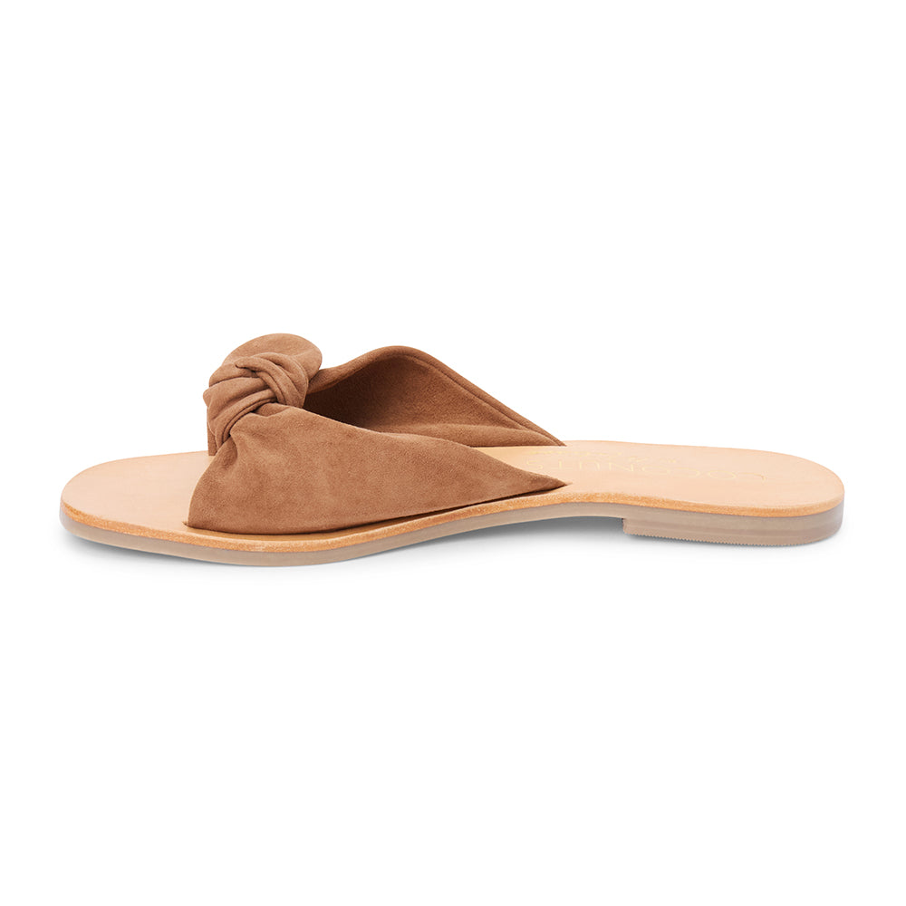 Brown suede slide sandal with knotted strap and open toe shown on a white background.