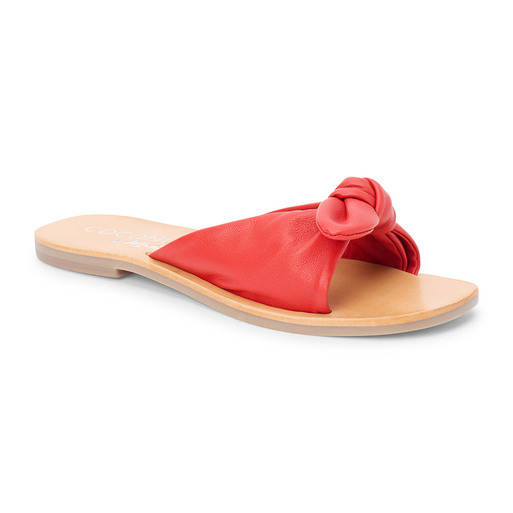 Red leather slide sandal with knotted strap and open toe shown on a white background.