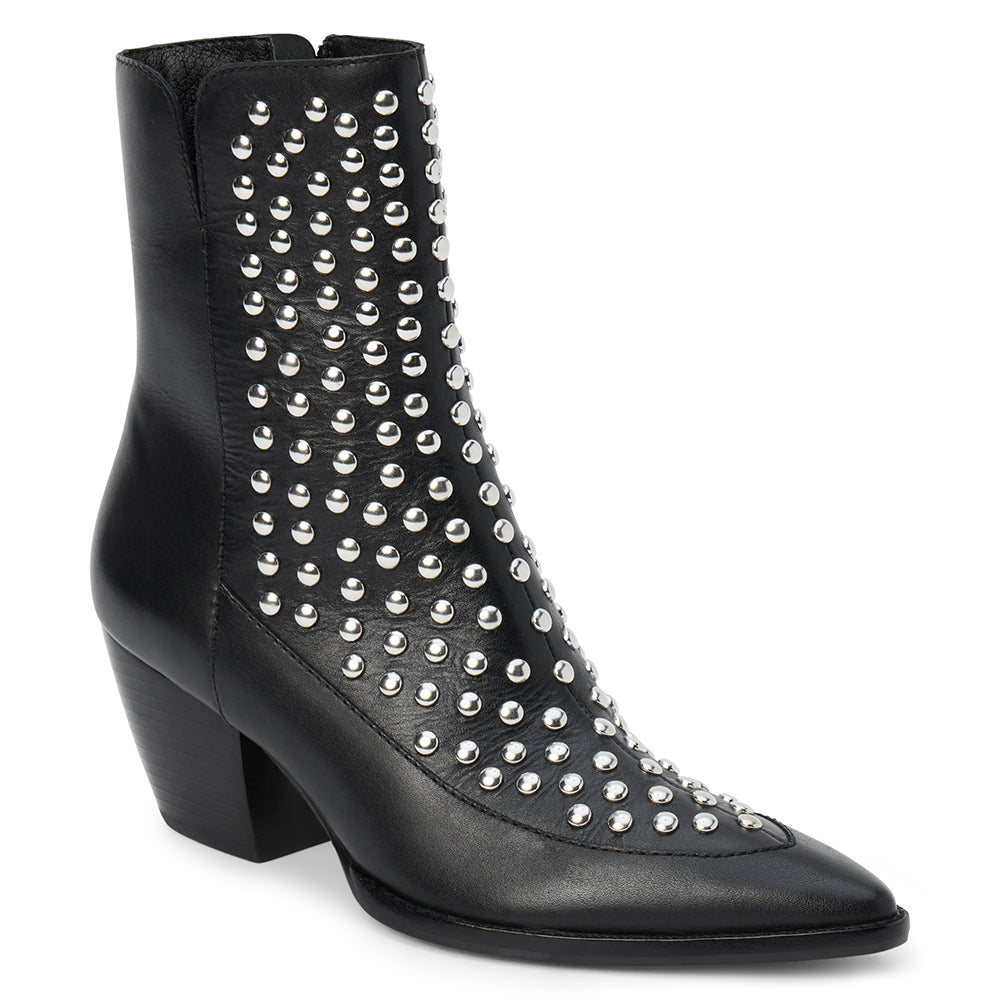 Black leather ankle boot with silver stud embellishments, a pointed toe, and angled block heel shown on a white background.