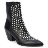 Black leather ankle boot with silver stud embellishments, a pointed toe, and angled block heel shown on a white background.