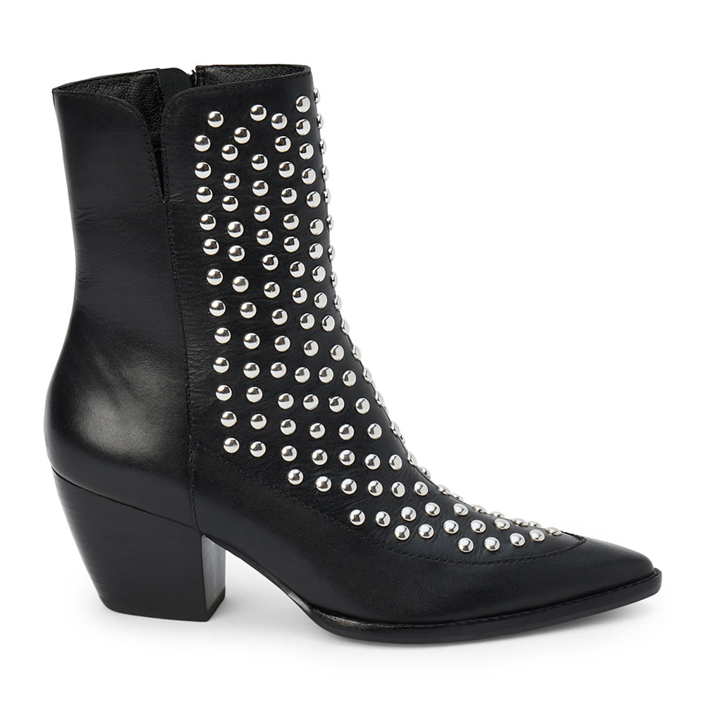 Black leather ankle boot with silver stud embellishments, a pointed toe, and angled block heel shown on a white background.