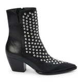 Black leather ankle boot with silver stud embellishments, a pointed toe, and angled block heel shown on a white background.