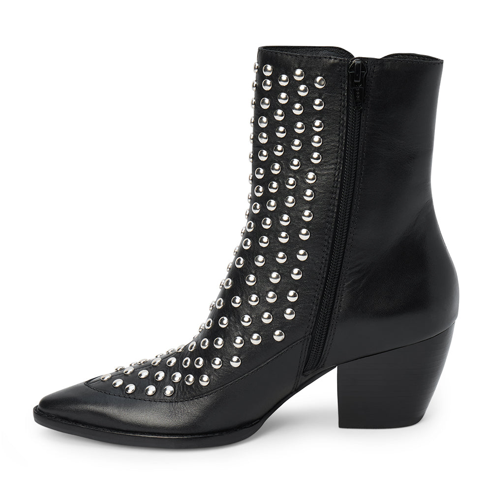 Black leather ankle boot with silver stud embellishments, a pointed toe, and angled block heel shown on a white background.