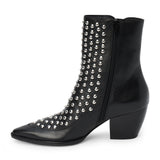 Black leather ankle boot with silver stud embellishments, a pointed toe, and angled block heel shown on a white background.