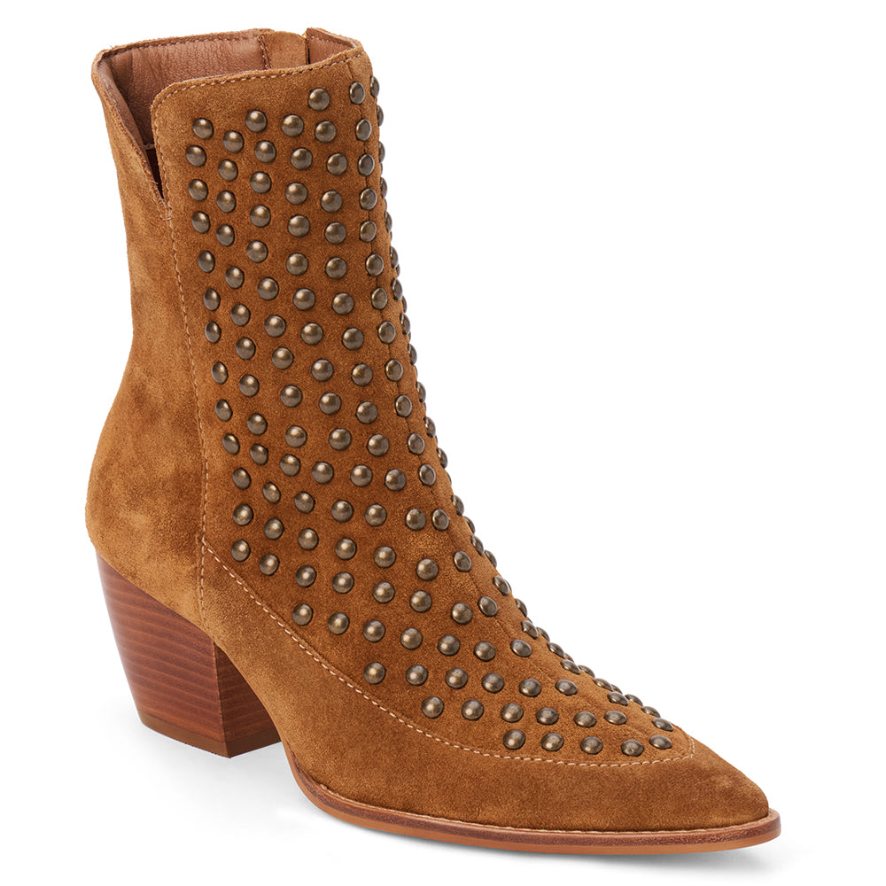 Brown suede ankle boot with bronze stud embellishments, a pointed toe, and angled block heel shown on a white background.