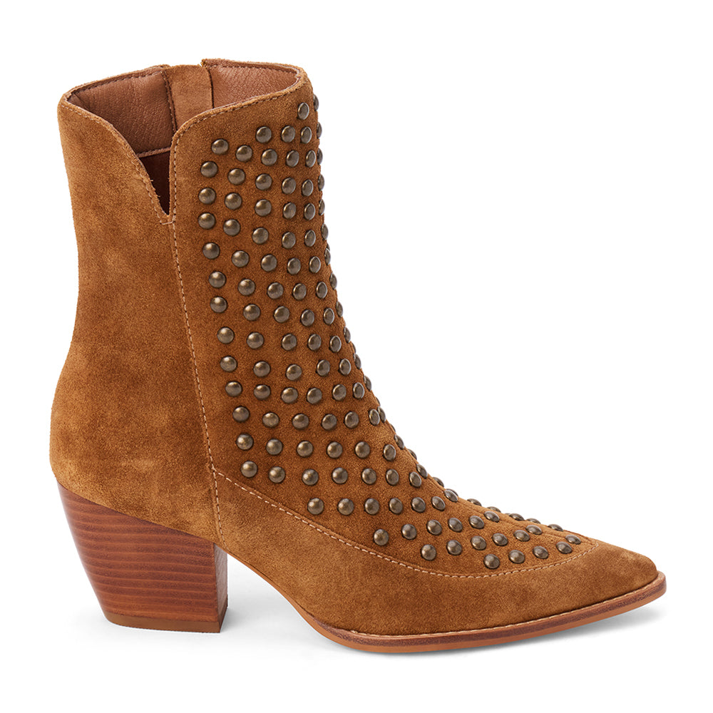 Brown suede ankle boot with bronze stud embellishments, a pointed toe, and angled block heel shown on a white background.
