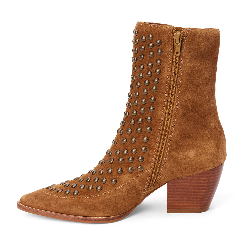 Brown suede ankle boot with bronze stud embellishments, a pointed toe, and angled block heel shown on a white background.