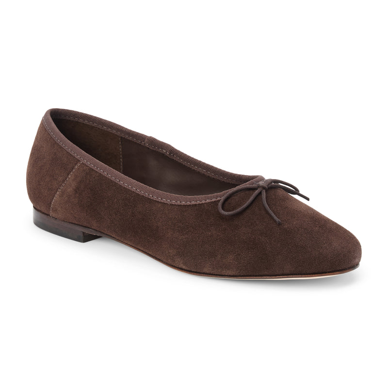 Marie Ballet Flat - Lenore by Matisse - Dark brown suede ballet flats with a classic round-toe silhouette, delicate bow detail, and padded leather insole. A timeless essential for effortless everyday elegance.
