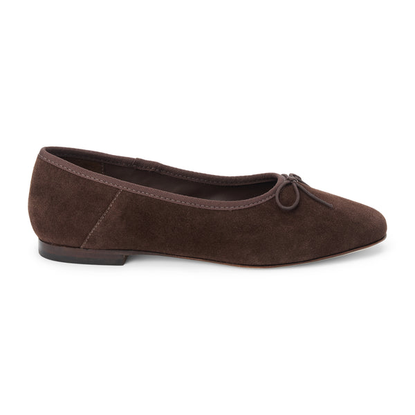 Marie Ballet Flat - Lenore by Matisse - Dark brown suede ballet flats with a classic round-toe silhouette, delicate bow detail, and padded leather insole. A timeless essential for effortless everyday elegance.