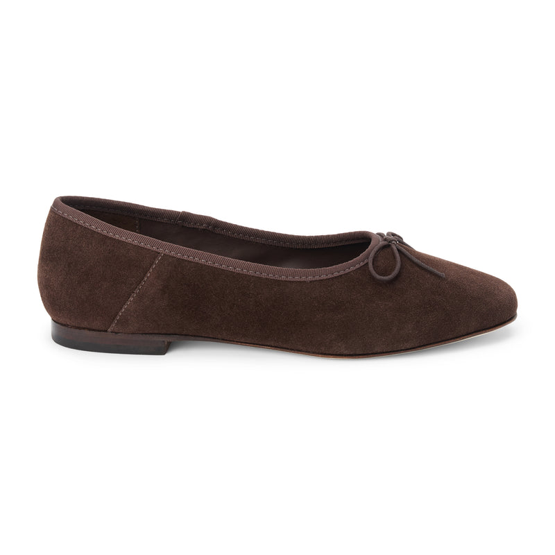 Marie Ballet Flat - Lenore by Matisse - Dark brown suede ballet flats with a classic round-toe silhouette, delicate bow detail, and padded leather insole. A timeless essential for effortless everyday elegance.