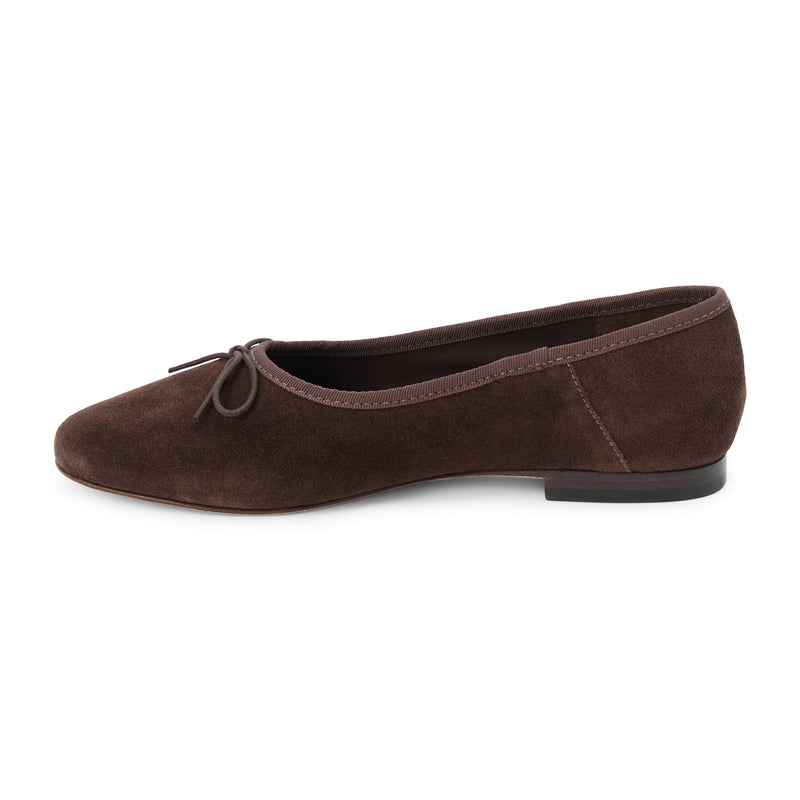Marie Ballet Flat - Lenore by Matisse - Dark brown suede ballet flats with a classic round-toe silhouette, delicate bow detail, and padded leather insole. A timeless essential for effortless everyday elegance.